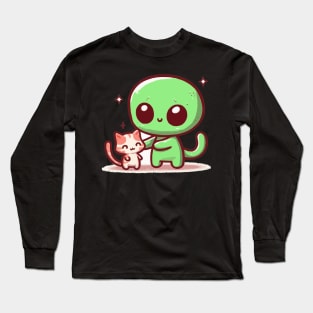 Alien hugging cat funny Long Sleeve T-Shirt